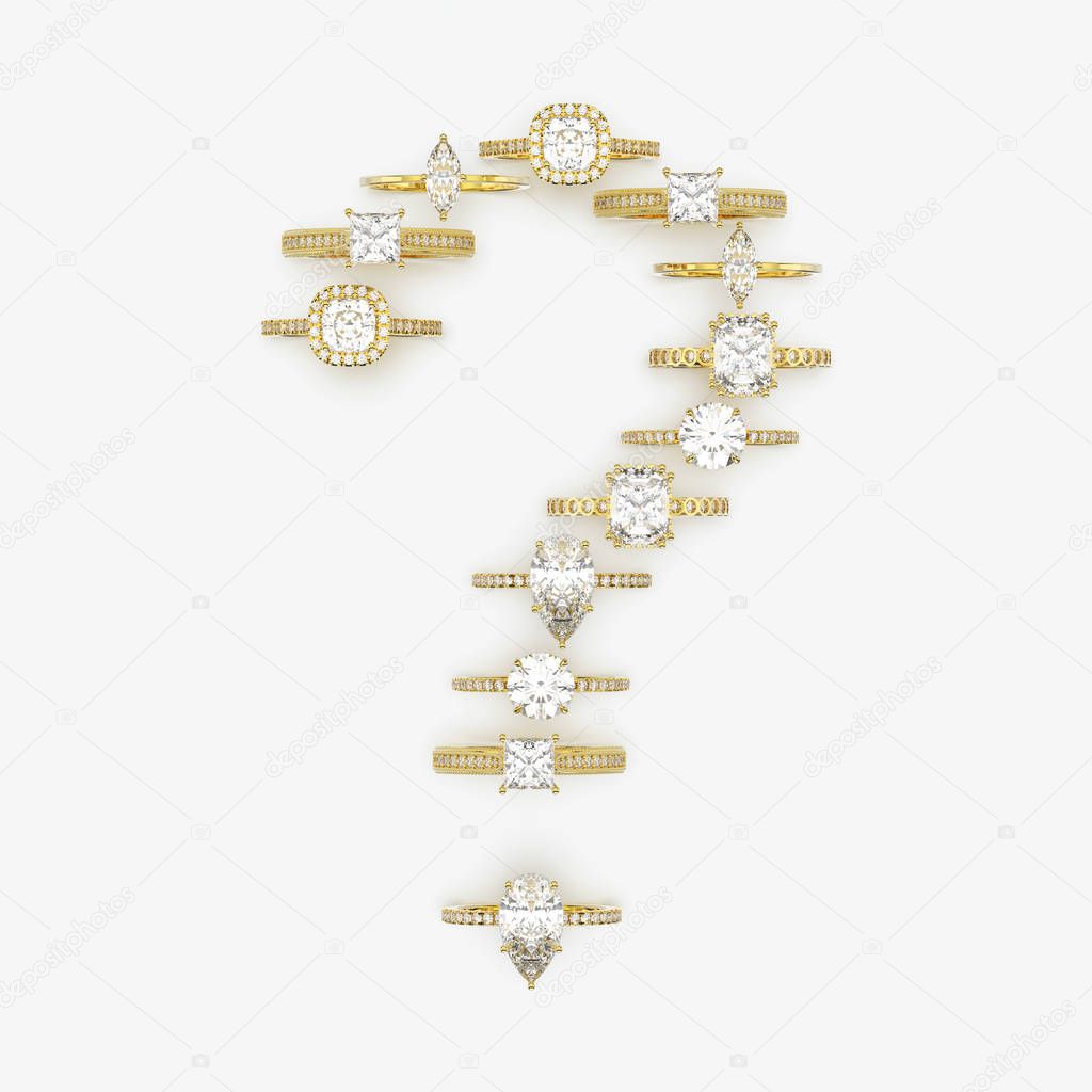 3D illustration question mark interrogation point of different gold diamond ring on a grey background