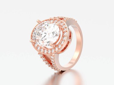 3D illüstrasyon kırmızı altın tek taş nişan dekoratif elmas yüzük gri bir arka plan üzerinde yükseldi.