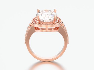 3D illüstrasyon kırmızı altın tek taş nişan dekoratif elmas yüzük gri bir arka plan üzerinde yükseldi.