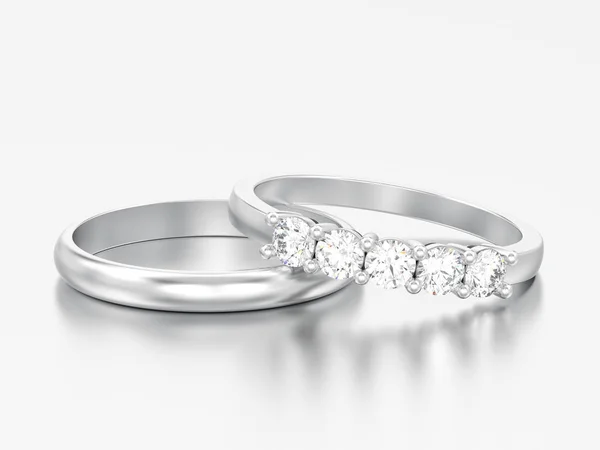 Illustrazione Due Diversi Anelli Diamanti Oro Bianco Argento Sfondo Grigio — Foto Stock