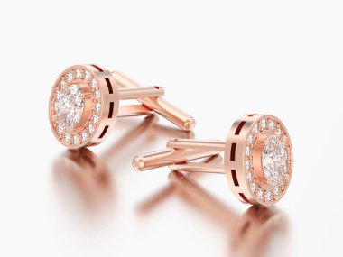 3D resimde iki gül kırmızı altın metal krom elmas kol düğmeleri stud gri bir arka plan üzerinde