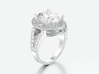 3D resimde beyaz altın veya gümüş solitaire dekoratif elmas alyans gri bir arka plan üzerinde