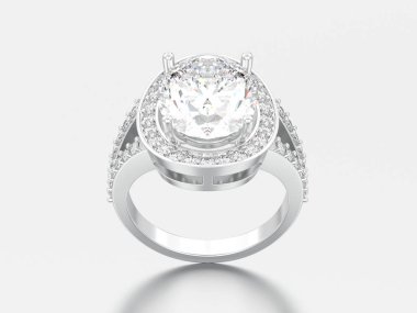 3D resimde beyaz altın veya gümüş solitaire dekoratif elmas alyans gri bir arka plan üzerinde