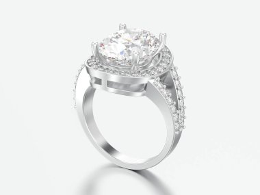 3D resimde beyaz altın veya gümüş solitaire dekoratif elmas alyans gri bir arka plan üzerinde