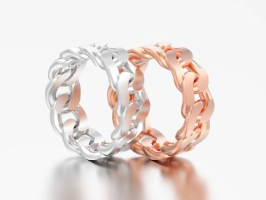 gri bir arka plan üzerinde beyaz altın veya gümüş dekoratif zincir halkaları ve 3D resimde iki kırmızı gül