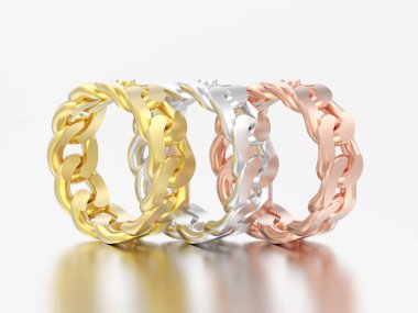 3D resimde üç kırmızı gül ve sarı ve gri arka plan üzerinde beyaz altın veya gümüş dekoratif zincir halkalar