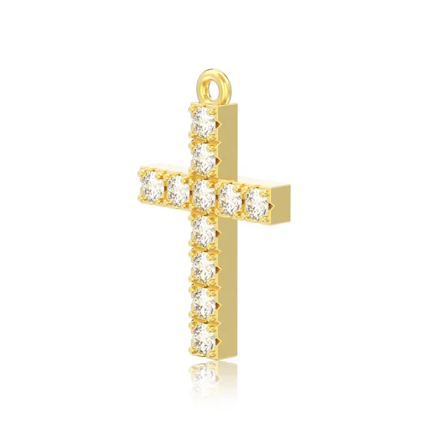 插图孤立的黄色金色装饰钻石十字吊坠与反射在白色背景上 — 图库照片