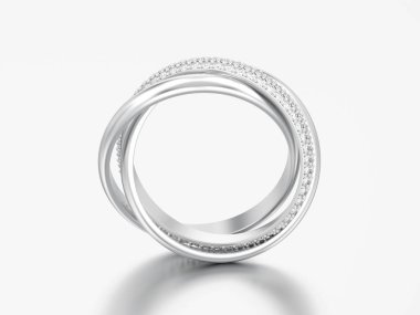 3D resimde beyaz altın veya gümüş dekoratif üç tek elmas yüzük gri bir arka plan üzerinde kapalı