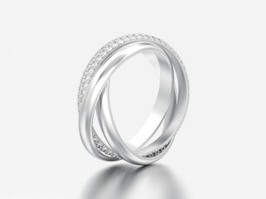 3D resimde beyaz altın veya gümüş dekoratif üç tek elmas yüzük gri bir arka plan üzerinde kapalı