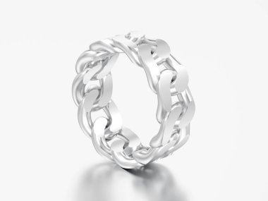 3D resimde beyaz altın veya gümüş dekoratif bir zincir halkası gri bir arka plan üzerinde