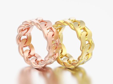 gri bir arka plan üzerinde sarı altın dekoratif zincir halkaları ve 3D resimde iki kırmızı gül