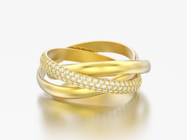 3D resimde sarı gri bir arka plan üzerinde bir kapalı pırlanta yüzük altın dekoratif üç