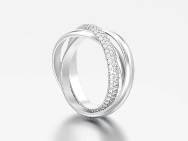 3D resimde beyaz altın veya gümüş dekoratif üç tek elmas yüzük gri bir arka plan üzerinde kapalı