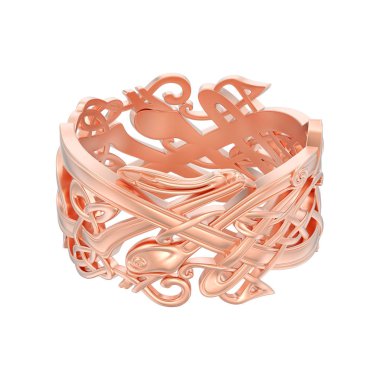 3D illüstrasyon izole kırmızı gül altın nişan düğün band benzersiz yüzük beyaz bir arka plan üzerinde