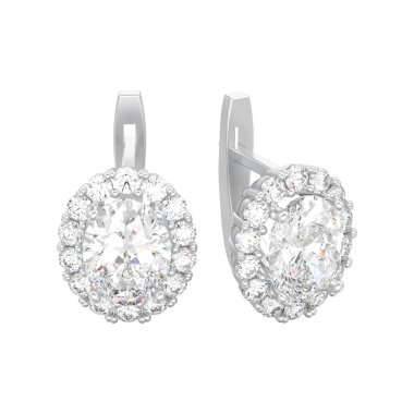 3D illüstrasyon izole beyaz altın veya gümüş elmas ile beyaz bir arka plan üzerinde menteşeli kilit ile oval değerli taş küpe