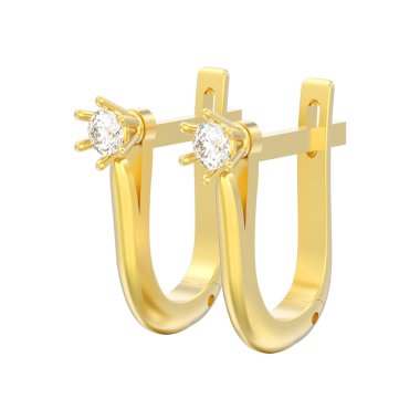 beyaz bir arka plan üzerinde menteşeli kilit ile 3D illüstrasyon izole sarı altın pırlanta solitaire küpe