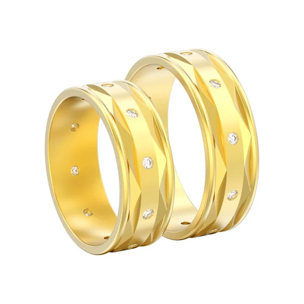 Απεικόνιση Απομονωμένη Δύο Δαχτυλίδια Διαμάντια Κίτρινο Χρυσό Σύγχρονο Αρραβώνα Γάμος — Φωτογραφία Αρχείου