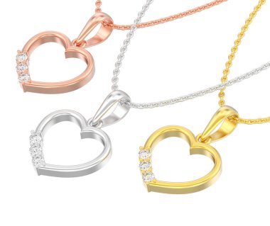 3D resimde üç izole sarı ve rosr altın ve gümüş kalp Kolye zincir zincir üzerinde beyaz bir arka plan üzerinde elmas