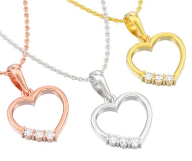 3D resimde üç izole sarı ve rosr altın ve gümüş kalp Kolye zincir zincir üzerinde beyaz bir arka plan üzerinde elmas