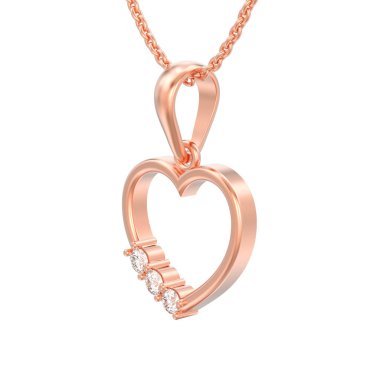 3D illüstrasyon izole kırmızı gül altın pırlanta kalp Kolye Zinciri üzerinde beyaz bir arka plan üzerinde