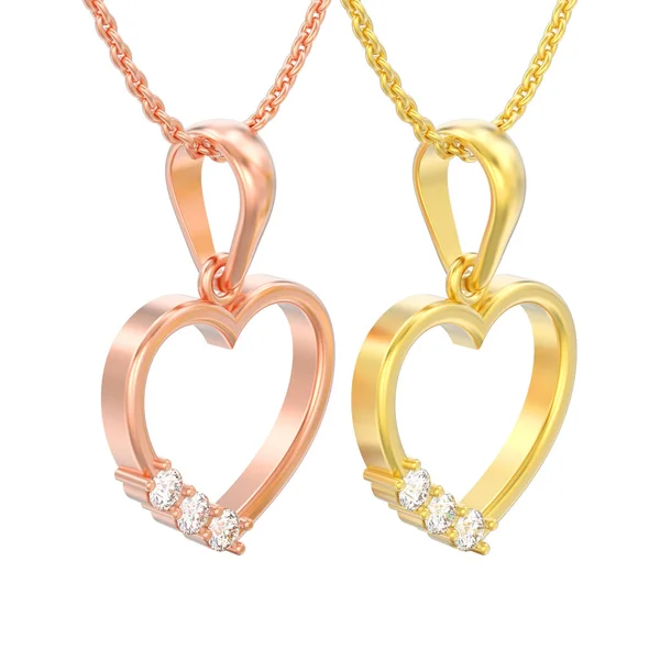 Иллюстрация Две Изолированные Розовые Желтые Золотые Бриллиантовые Сердца Ожерелья Цепях — стоковое фото