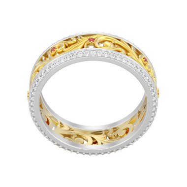 Beyaz altın veya Gümüş Nişan Alyans Yüzük eğrisi süsleme beyaz zemin üzerine dışarı ile ile 3D illüstrasyon izole sarı altın