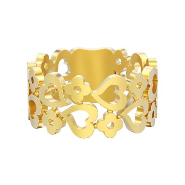 3D illüstrasyon izole sarı altın dekoratif eğrisi dışarı beyaz zemin üzerine çiçek ve kalp yüzük