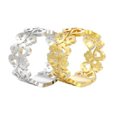 3D illüstrasyon izole iki sarı ve beyaz altın veya gümüş dekoratif eğrisi çiçekler ve kalpleri dışarı beyaz bir arka plan üzerinde halkalar