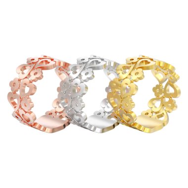 üç sarı gül beyaz altın veya gümüş dekoratif eğrisi çiçek ve kalp yüzük beyaz bir arka plan üzerinde 3D illüstrasyon izole