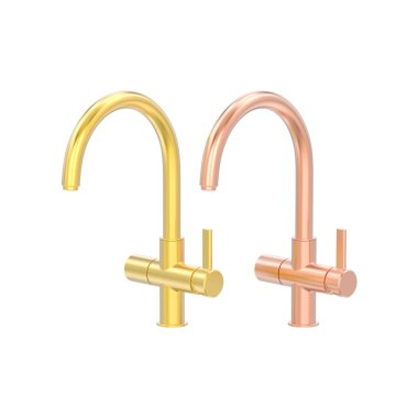 beyaz bir arka plan üzerinde beyaz bir arka plan üzerinde iki sarı ve gül kırmızı altın krom musluk 3D illüstrasyon izole