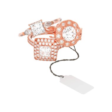 üç farklı kırmızı gül altın nişan elmas yüzük beyaz bir arka plan üzerinde ip etiketi ile 3D illüstrasyon izole