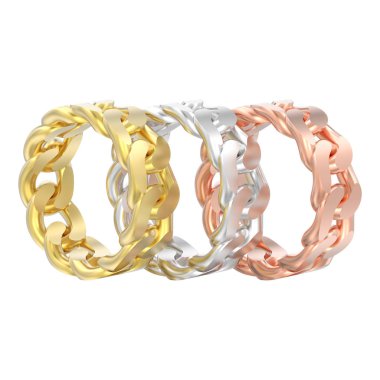 3D illüstrasyon izole üç kırmızı gül ve sarı ve beyaz altın veya gümüş dekoratif zinciri beyaz bir arka plan üzerinde halkalar