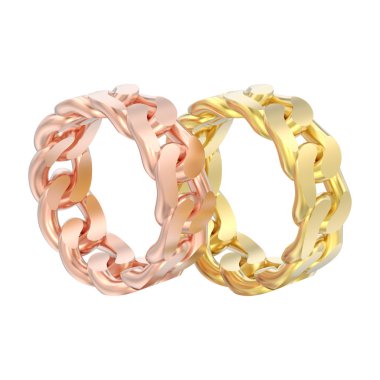 iki kırmızı gül ve sarı altın dekoratif zincir yüzük beyaz bir arka plan üzerinde 3D illüstrasyon izole