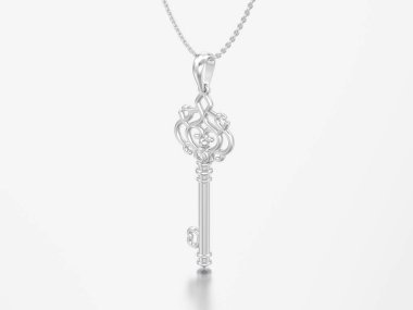 3D resimde beyaz altın veya gümüş dekoratif anahtar kolye zinciri üzerinde gri bir arka plan üzerinde elmas