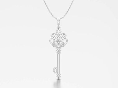 3D resimde beyaz altın veya gümüş dekoratif anahtar kolye zinciri üzerinde gri bir arka plan üzerinde elmas