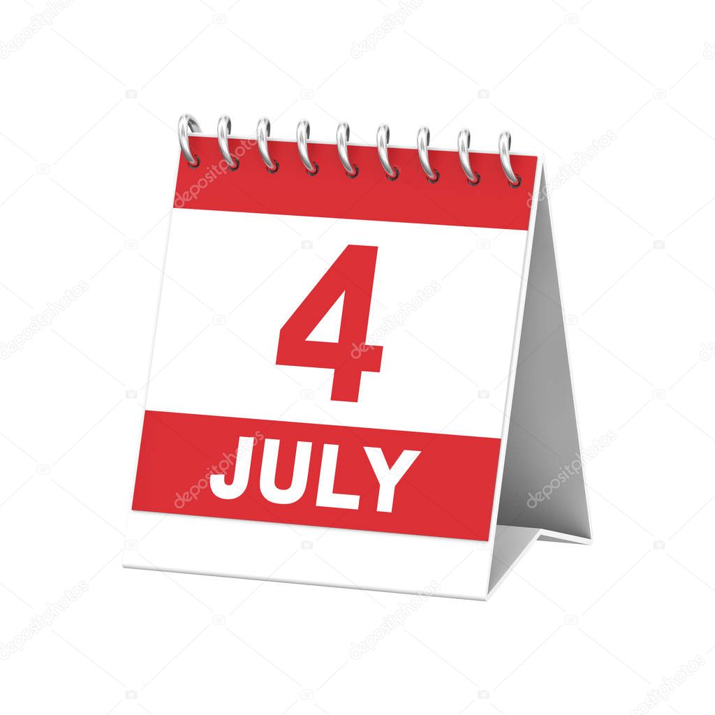 3D illustration isolated 4 four july red and white calendar reminder on a white background