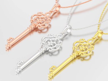 sarı beyaz altın veya gümüş dekoratif anahtar kolye zincirinde elmas gri bir arka plan üzerinde 3D resimde üç kırmızı gül