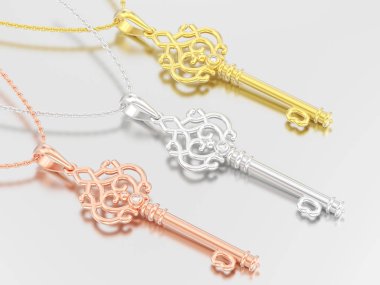 sarı beyaz altın veya gümüş dekoratif anahtar kolye zincirinde elmas gri bir arka plan üzerinde 3D resimde üç kırmızı gül