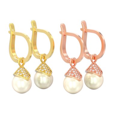 İki Çift sarı ve gül altın inci elmas küpe beyaz bir arka plan üzerinde menteşeli kilit ile 3D illüstrasyon izole