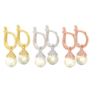 üç sarı gül çifti 3D illüstrasyon izole ve beyaz altın veya gümüş inci elmas küpe ile beyaz bir arka plan üzerinde kilit menteşeli