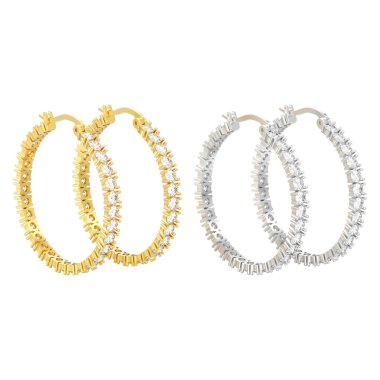 3D illüstrasyon izole iki sarı ve beyaz altın veya gümüş dekoratif elmas küpe ile beyaz bir arka plan üzerinde kilit menteşeli