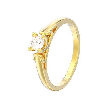 3D illüstrasyon izole sarı altın solitaire elmas alyans beyaz bir arka plan üzerinde kalp dişleri ile