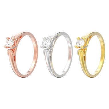 üç sarı gül 3D illüstrasyon izole ve beyaz bir arka plan üzerinde kalp dişleri ile beyaz altın veya gümüş solitaire düğün pırlanta yüzük