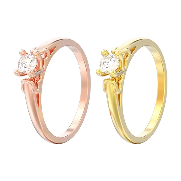 Illustration Isolated Two Rose Yellow Gold Solitaire Wedding Diamond Rings — Stock Photo, Image