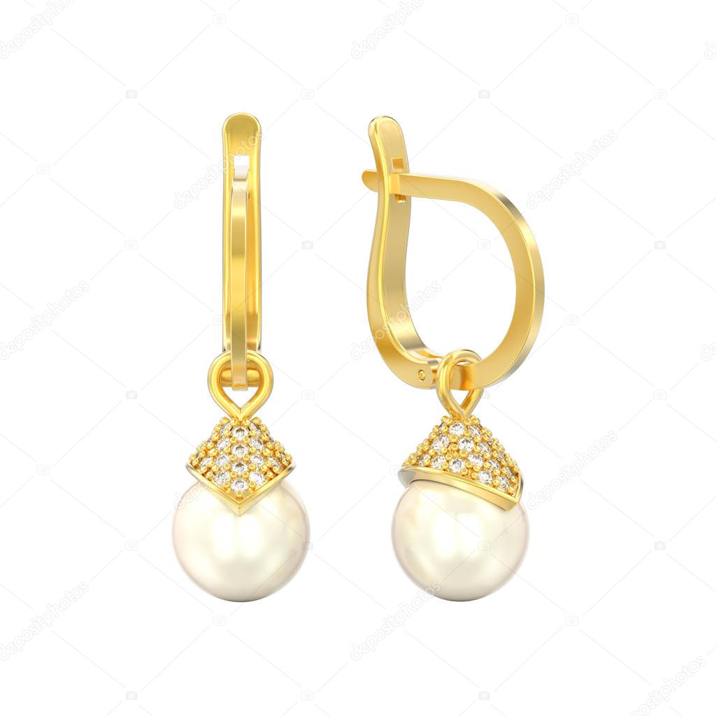 3D illustration isolated yellow gold pearl diamond earrings with hinged lock on a white background
