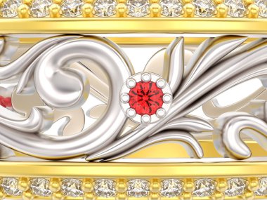 3d illüstrasyon izole yakın çekim eğrisi süsleme ve kırmızı yakut beyaz zemin üzerine dışarı ile altın ve gümüş yüzük