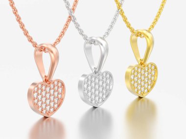 sarı beyaz altın veya gümüş pırlanta kalp Kolye Zinciri üzerinde gri bir arka plan üzerinde 3D resimde üç kırmızı gül