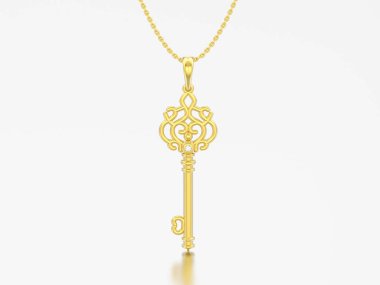 3D resimde sarı altın dekoratif anahtar kolye zinciri üzerinde gri bir arka plan üzerinde elmas