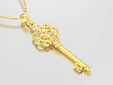 3D resimde sarı altın dekoratif anahtar kolye zinciri üzerinde gri bir arka plan üzerinde elmas