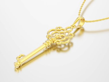 3D resimde sarı altın dekoratif anahtar kolye zinciri üzerinde gri bir arka plan üzerinde elmas